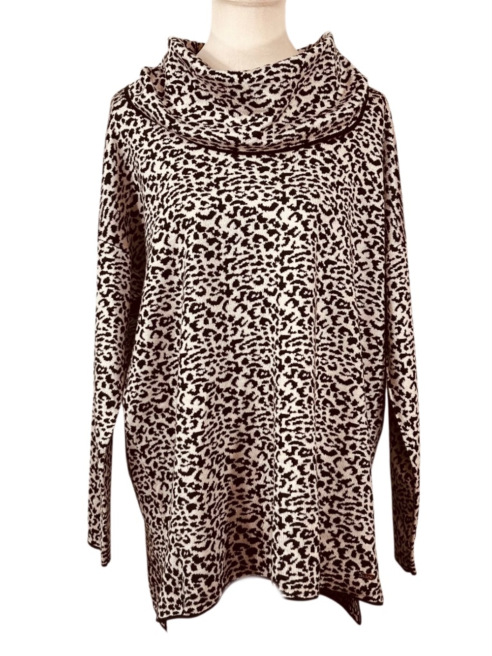 Calvin Klein Leopard Print Cowl Neck Long Sleeve Tunic Sweater Size XL